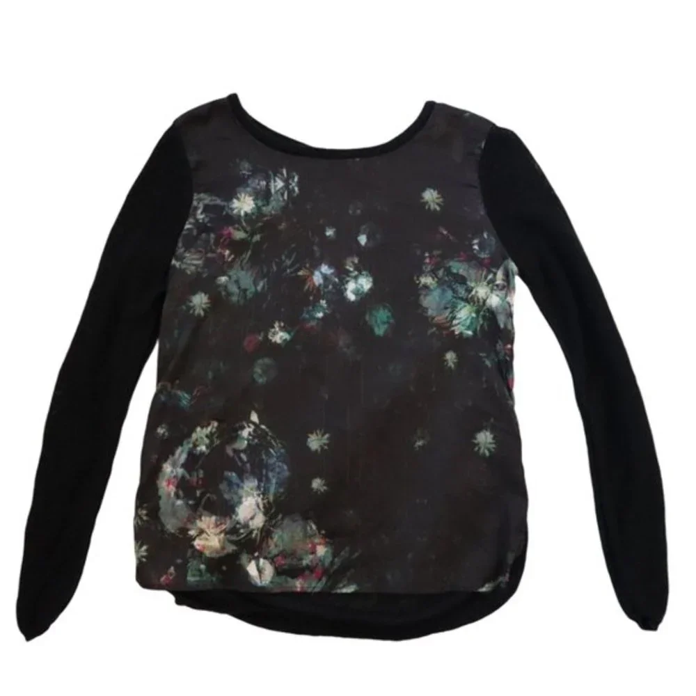 H & M Silky Floral Print Top Black Long Sleeve Mesh Back Keyhole Closure Size XS - Picture 11 of 11